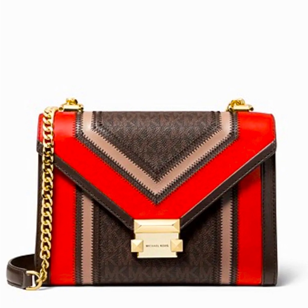 NWT Michael Kors Whitney Signature Colorblock Shoulder Bag Logo Brown & Red $298